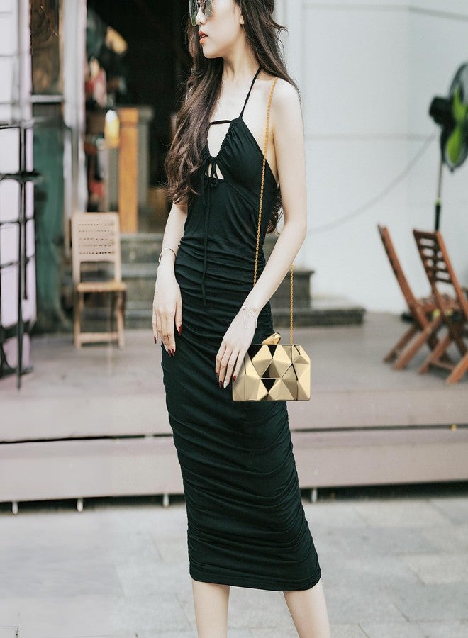 Simcat Women Geometric Lattice Pattern Metal Evening Bag Bridal Prom Crossbody Bag Party Clutch Wedding Purse with Chain (Gold) - Image 4